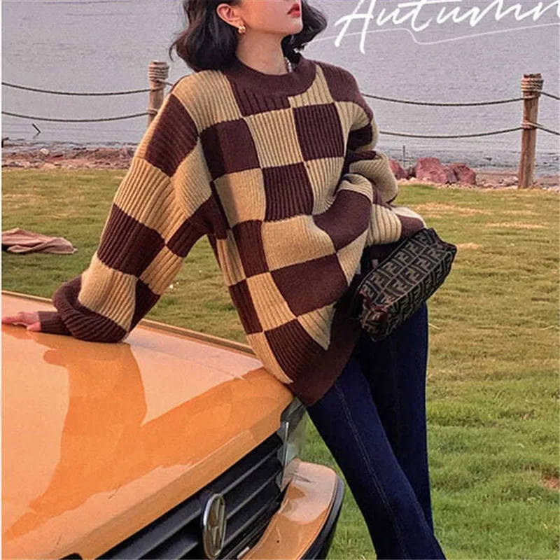 

Женский трикотажный свитер в клетку, Свободный Повседневный пуловер контрастных цветов с круглым вырезом и длинным рукавом, весна-осень