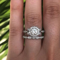 2 pcsset silver color inlaid round rhinestone crystal zircon female ring set for women wedding jewelry accessories