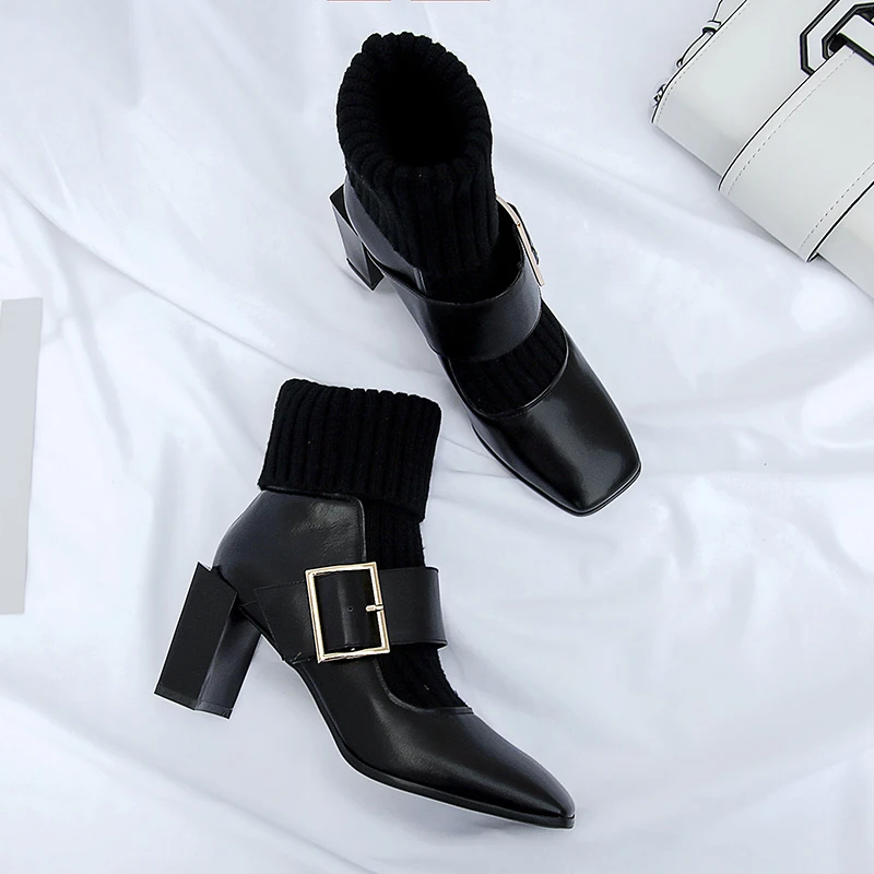 Boots Women Genuine Leather Mid-calf Boots Fashion High Heels Autumn Winter Party Prom Shoes Woman Office