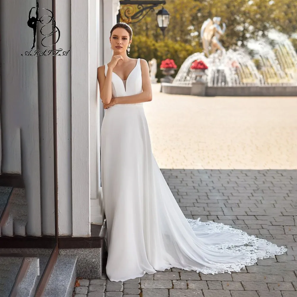 

Simple Chiffon Wedding Dress A-Line V-Neck Sleeveless Spaghetti Straps Floor Length Backless Lace Trailing Cвадебное платье 2021