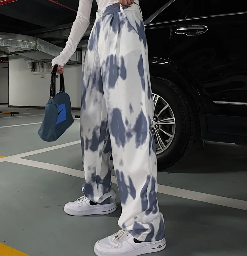 

HARAJPOO Woman Pants 2021 New Ins Fashion Harajuku Personality Tie Dye High Waist Straight Wide Legs Loose Female Trousers Tide