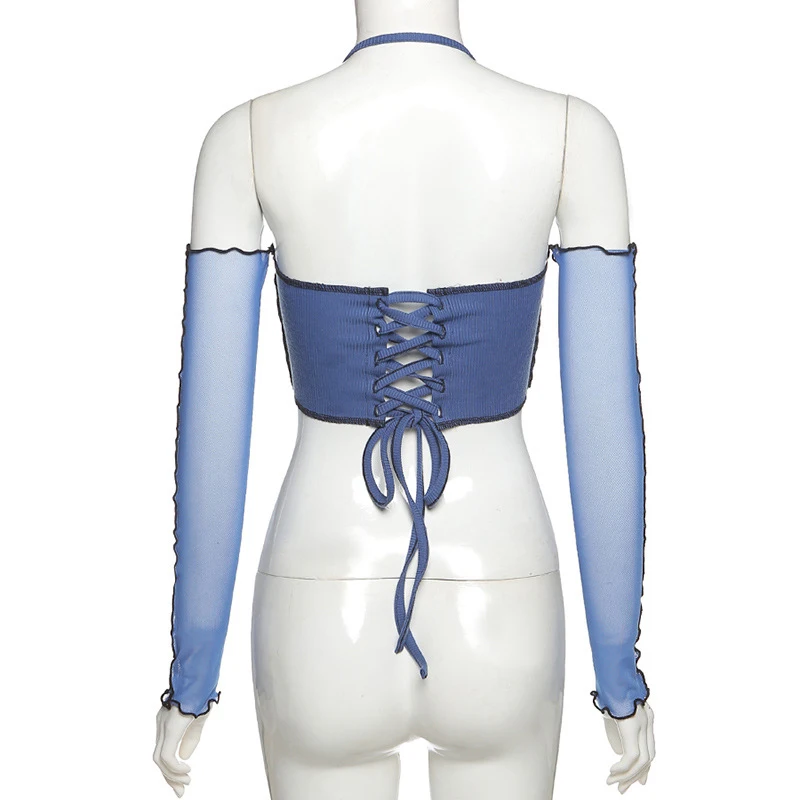 

ALLNeon Y2K Fashion Ribbed Anomalistic Hem Cropped Tops with Mesh Sleeve E-girl Backless Lace Up Halter Tanks Streetwear 90s
