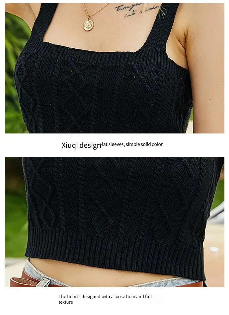

Knitted small sling pure color slim sexy ultra short knitted vest