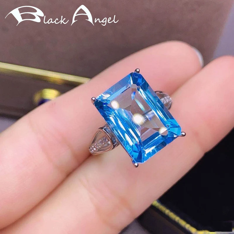 

BLACK ANGEL 2020 New Fashion Shiny Rectangle Blue Topaz Gemstone Adjustable Finger Ring For Women Wedding Jewelry Christmas Gift
