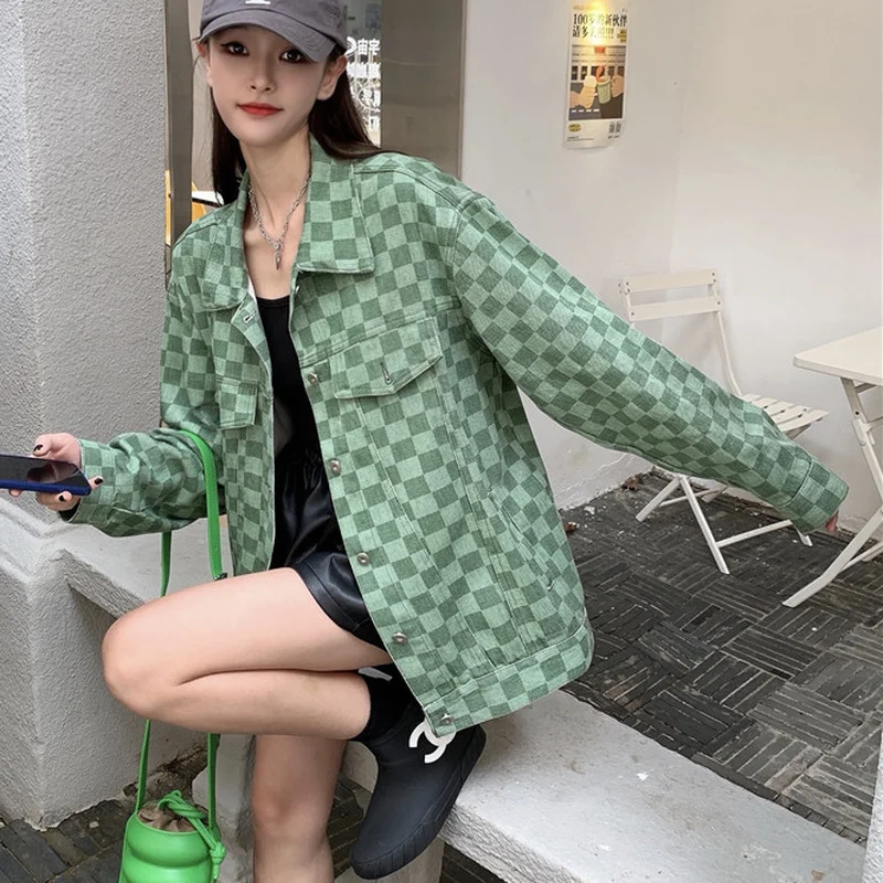 Женская клетчатая куртка Ulzzang милые весенне-осенние пальто в стиле ретро с