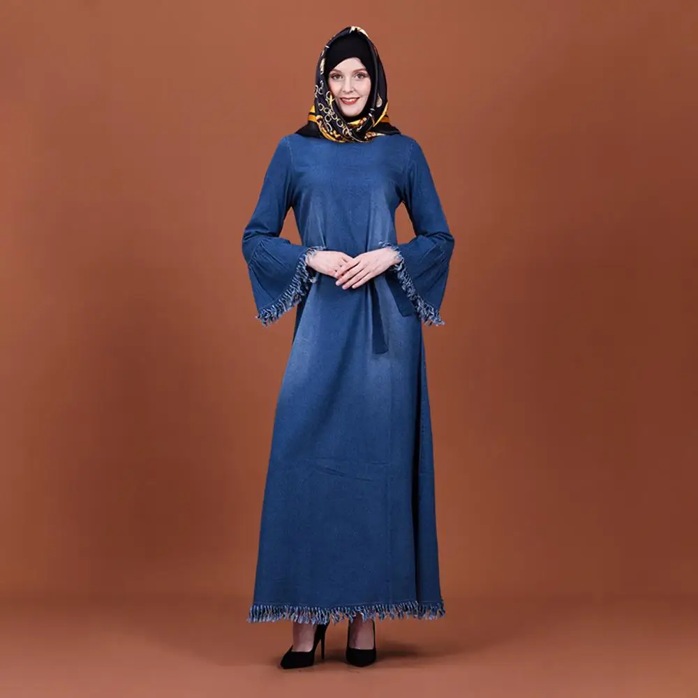

New loose Butterfly Fashion long-sleeved embroidered contrast denim Dress Muslim robe