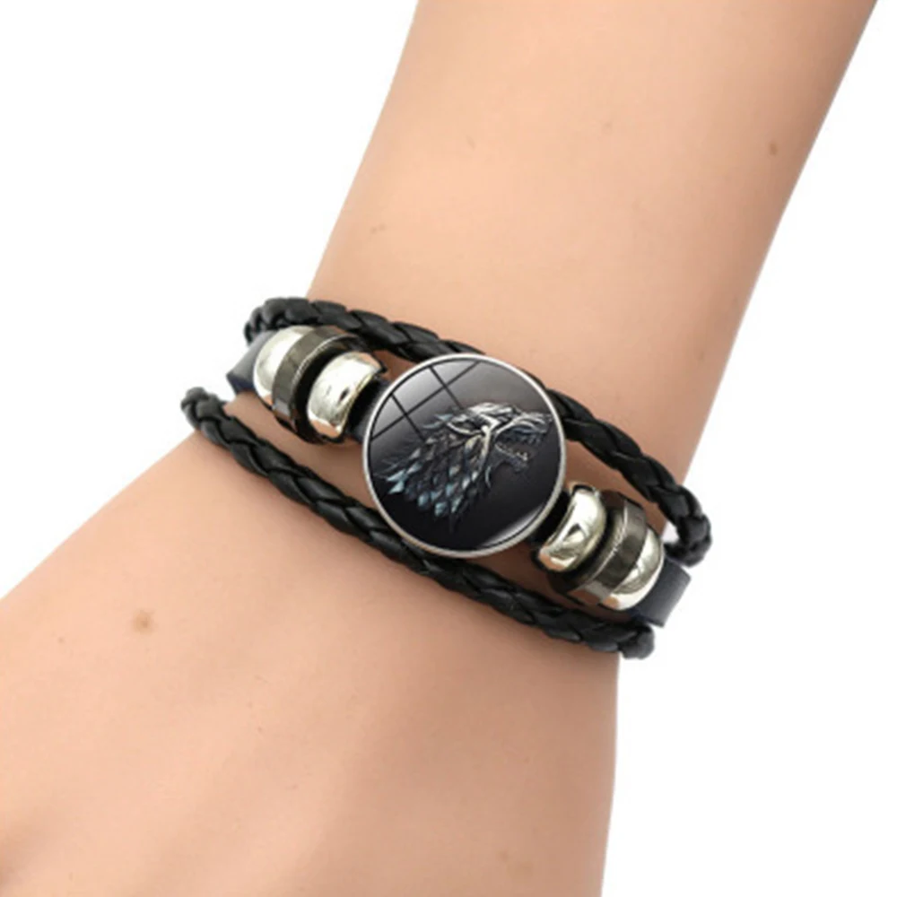 Мужские браслеты дом Игры Престолов Старк Волк стеклянный кабошон Кожаные