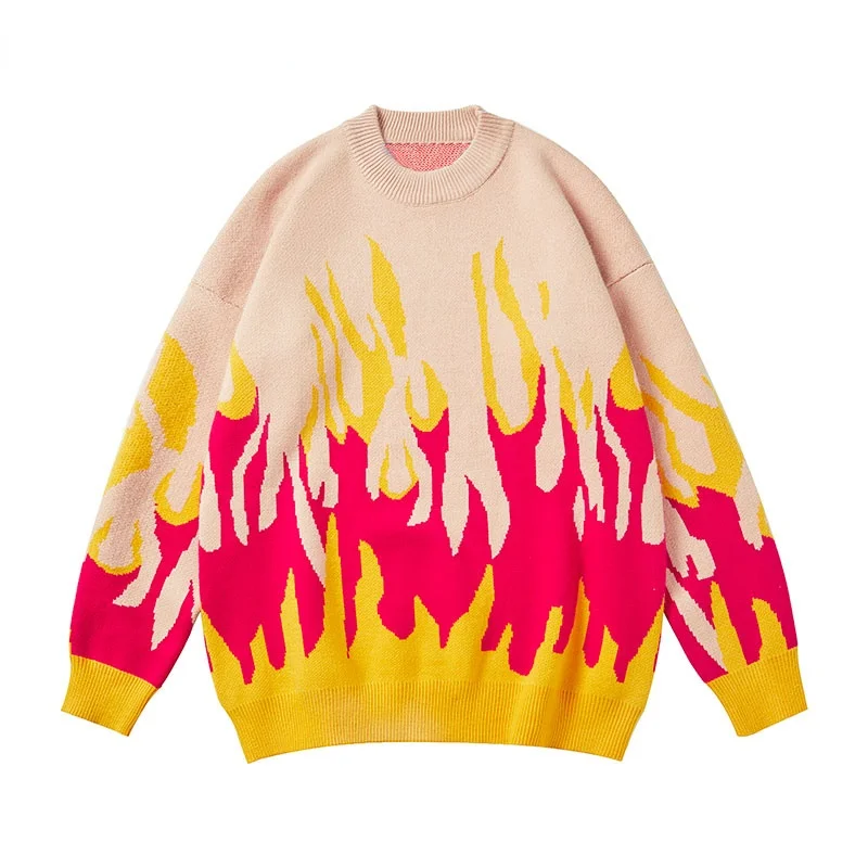 

2021 Harajuku Streetwear Sweaters Fire Flame Knitted Jumpers Sweater Mens Fashion Hip Hop Casual Pullover Loose Tops