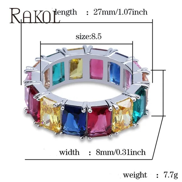 Square white RAKOL, новинка, модное, роскошное, очаровательное, AAA, багет, кубический цирконий, обручальное кольцо для женщин, многоцветная, Т-образная форма, Cz камень, вечерние ювелирные изделия - Цвет основного камня: Square white