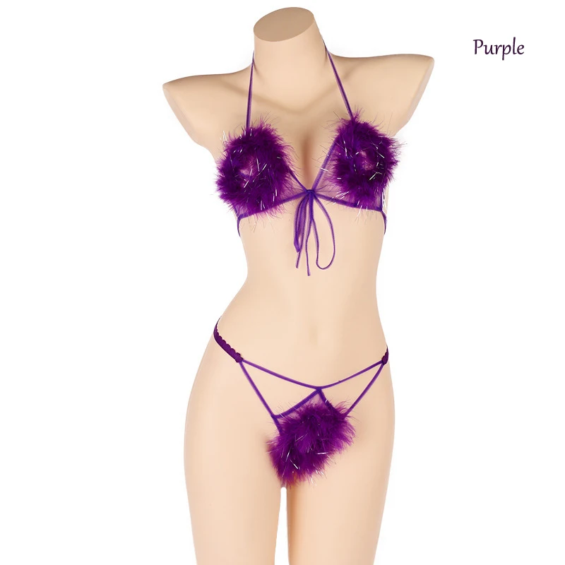 

Women's Erotic Lingerie Multicolor Sexy Suspenders Fluffy Three-point Transparent Temptation Plush Ball Lace Passion Underwear