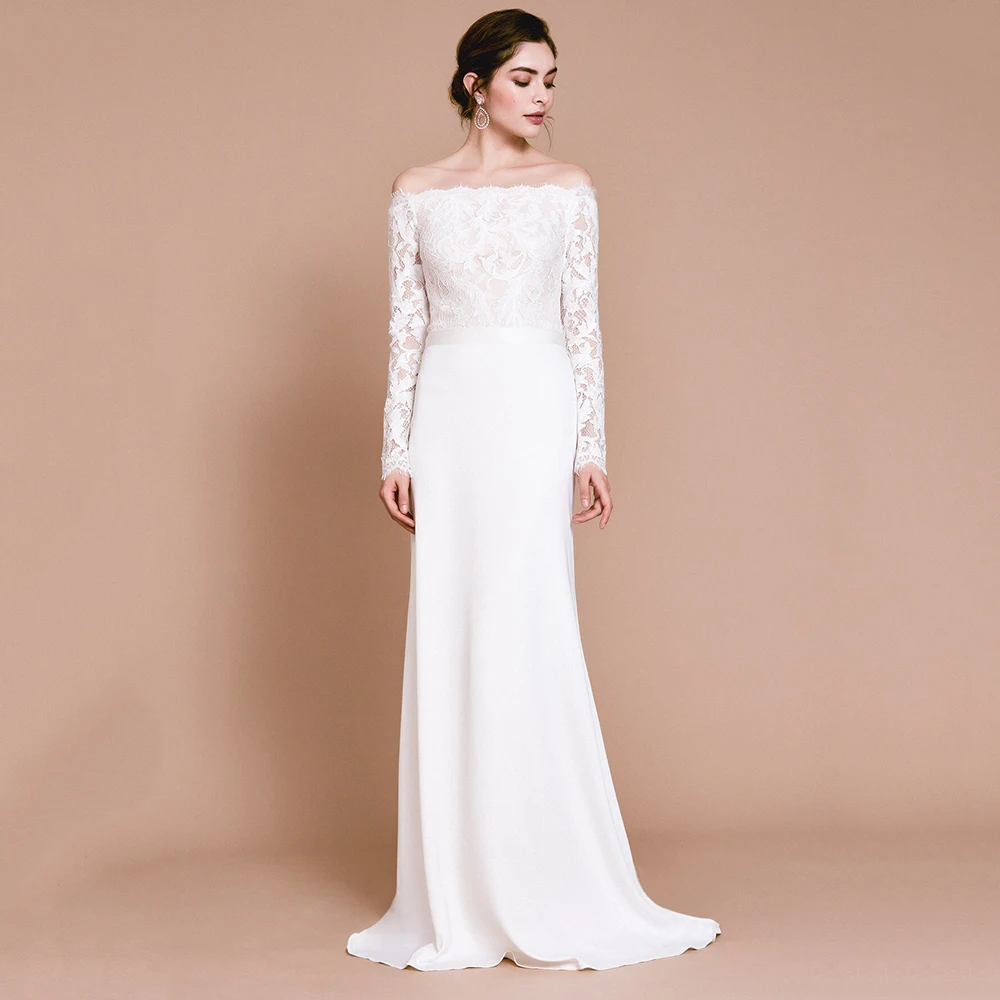 

Elegant Sheath Sweep Train Wedding Dress Boat Neck Long Sleeve Applique Lace Sashes Zipper Back Off Shoulder Bridal Gowns