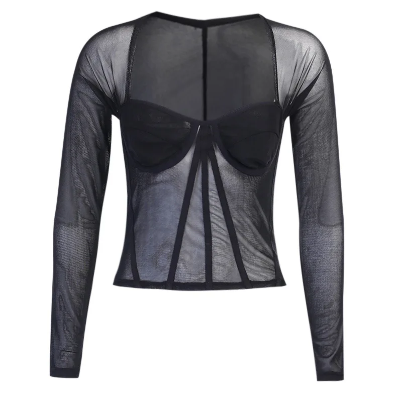 

2020 Autumn New Transparent Gauze Bodice Strapless Slim Sexy Blouse with One-Line Collar Party Dress
