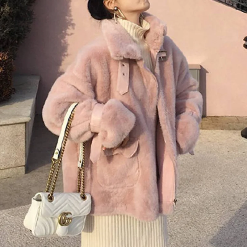 Faux Mink Plush Jacket Cool Girl Punk Style Leather 2021 Autumn and Winter Motorcycle Suit with Leather Buckle and Fur Coat Pink