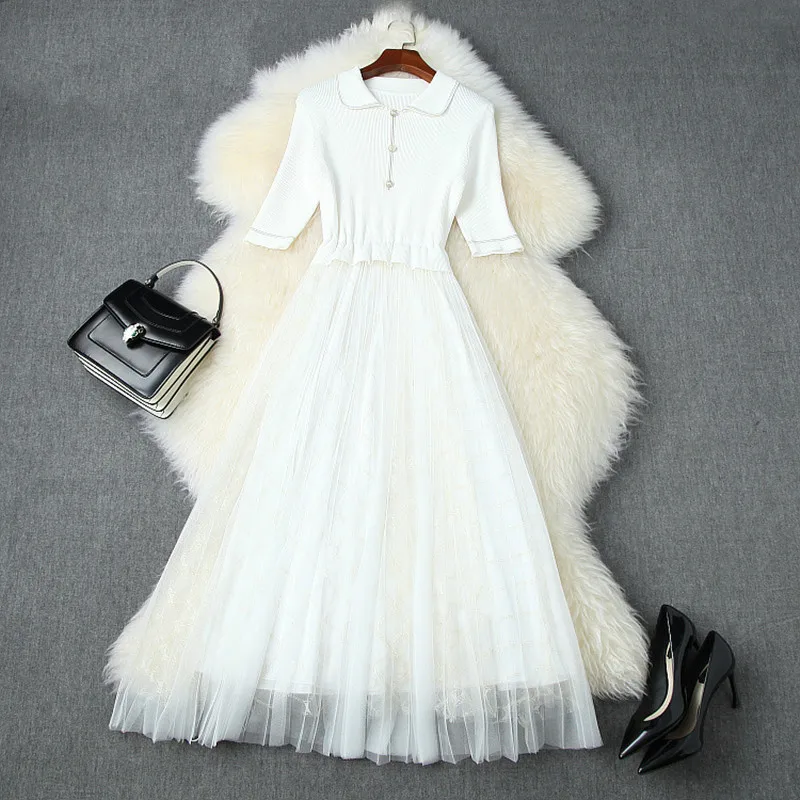 

Women Runway Designer Long Elegant Mesh Dress Festa High Quality Vintage A-line Party Robe Femme Knitted Top Vestidos