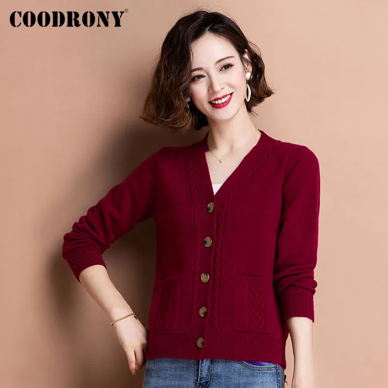 

COODRONY Brand Female Elegant Casual Knitted Sweaters Streetwear Fashion Women Slim Soft Cardigans With Pocket W1304