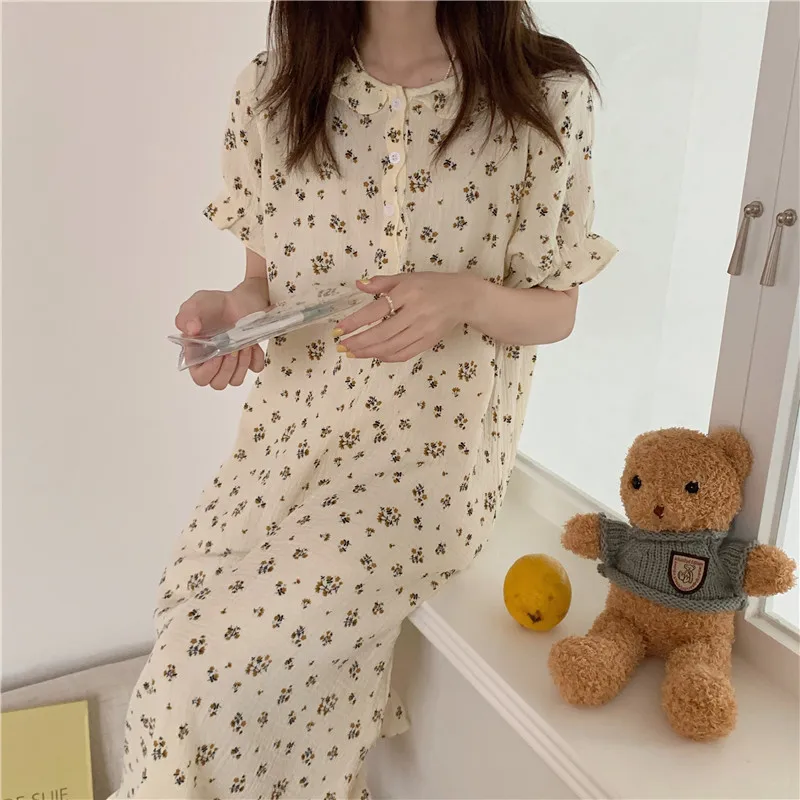 

Alien Kitty 2021 Hot Apricot Sweet Florals Princess Dress Printed Chic Homewear Summer Loose Pajamas Cotton Sleepwear Nightdress