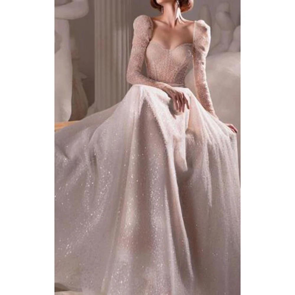 

UZN Hot Sale Ivory A Line Glitter Tulle Wedding Dress Sweetheart Long Puffy Sleeves Wedding Gowns Zipper Back Bridal Gowns