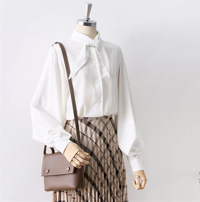 

Womens and Shirt Office Ladies Solid Long Lantern Sleeve Chiffon Korean Style Clothes Tops Fashion Blouses Female