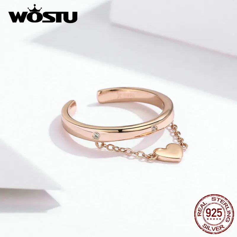 WOSTU 925 Sterling Silver Ring Heart Chain Wedding Rose Gold Adjustable Stackable Finger For Women Lover Luxury Jewelry DXR572 | Украшения