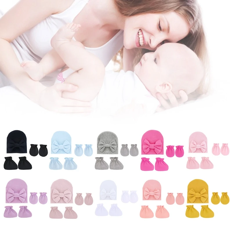 Baby Bowknot Hat No Scratch Gloves Foot Cover Set Infants Soft Cotton Mittens Beanies Cap Socks Kit for Newborn Todddles