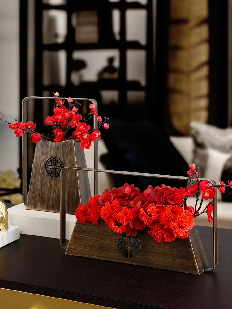 

New Chinese vase, flower, metal living room flower arrangement, flower decoration, porch, dining table soft decoration