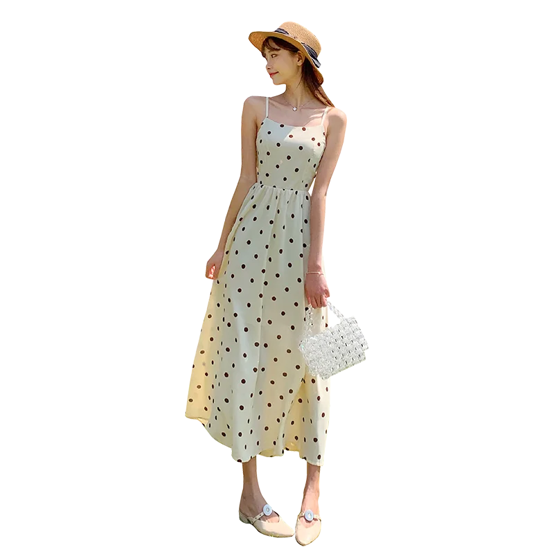 

Polka Dot Apricot Long Women Sundress Summer Chiffon Elegant Slim Korean Party Dress Backless Vacation Beach Dress Runway 2020