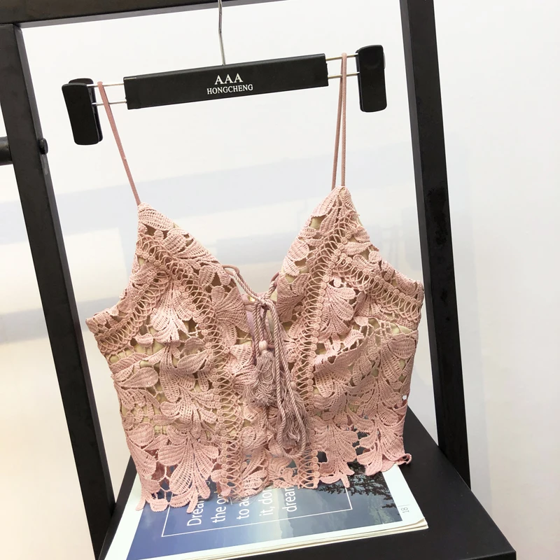 pink tops MUMUZI/Новые летние кружевные топы с бретельками на бретельках, кружевные топы без бретелек с кисточками, Короткие топы на бретельках - Цвет: pink tops