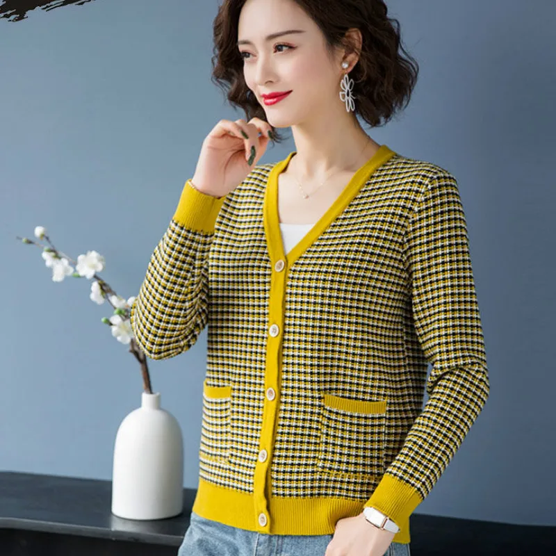 Женский вязаный кардиган в клетку повседневный свободный трикотажный свитер с