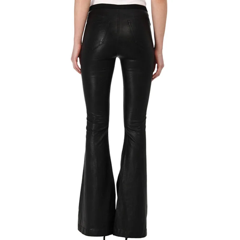 Womens Wrap PU Bell-bottoms Pants Fashion Elastic Waist Flare Pantalon Femme Autumn Faux Leather Wide Leg Trousers