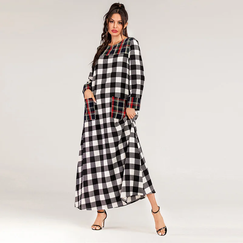 Женское длинное платье в клетку с длинным рукавом и карманами|Женские платья| |