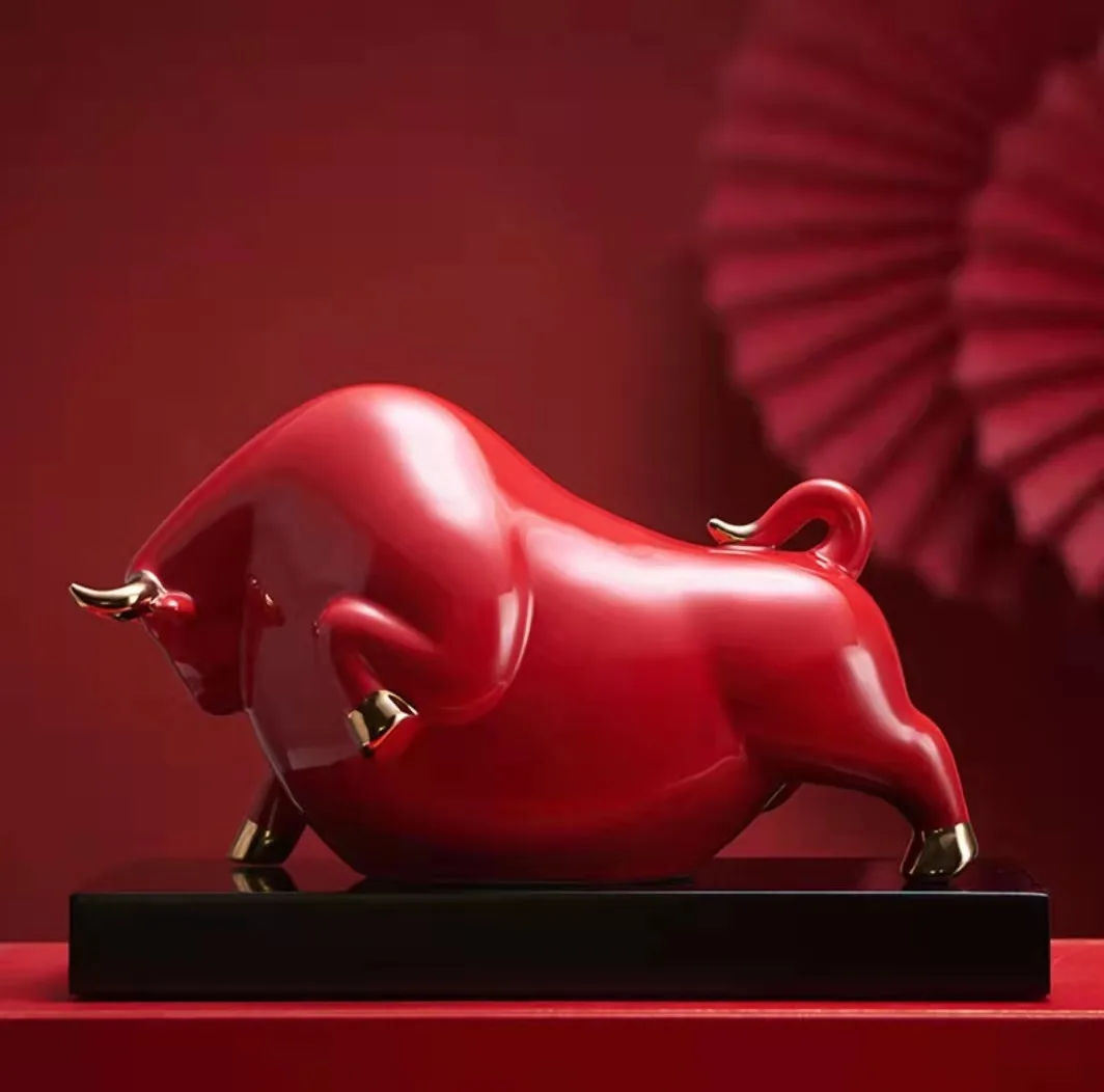 

Creative Ceramic Red Cattle Ornaments Home Living Room Office Desk Mascot Zodiac Display Home Decoration Accessories Modern