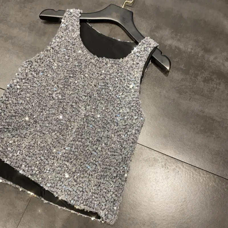 

Summer Women Shiny Sequined Tank Top Black Bud Skirt Two Piece Set Sleeveless Pullover Skirts Matching Sets High Street Outfits