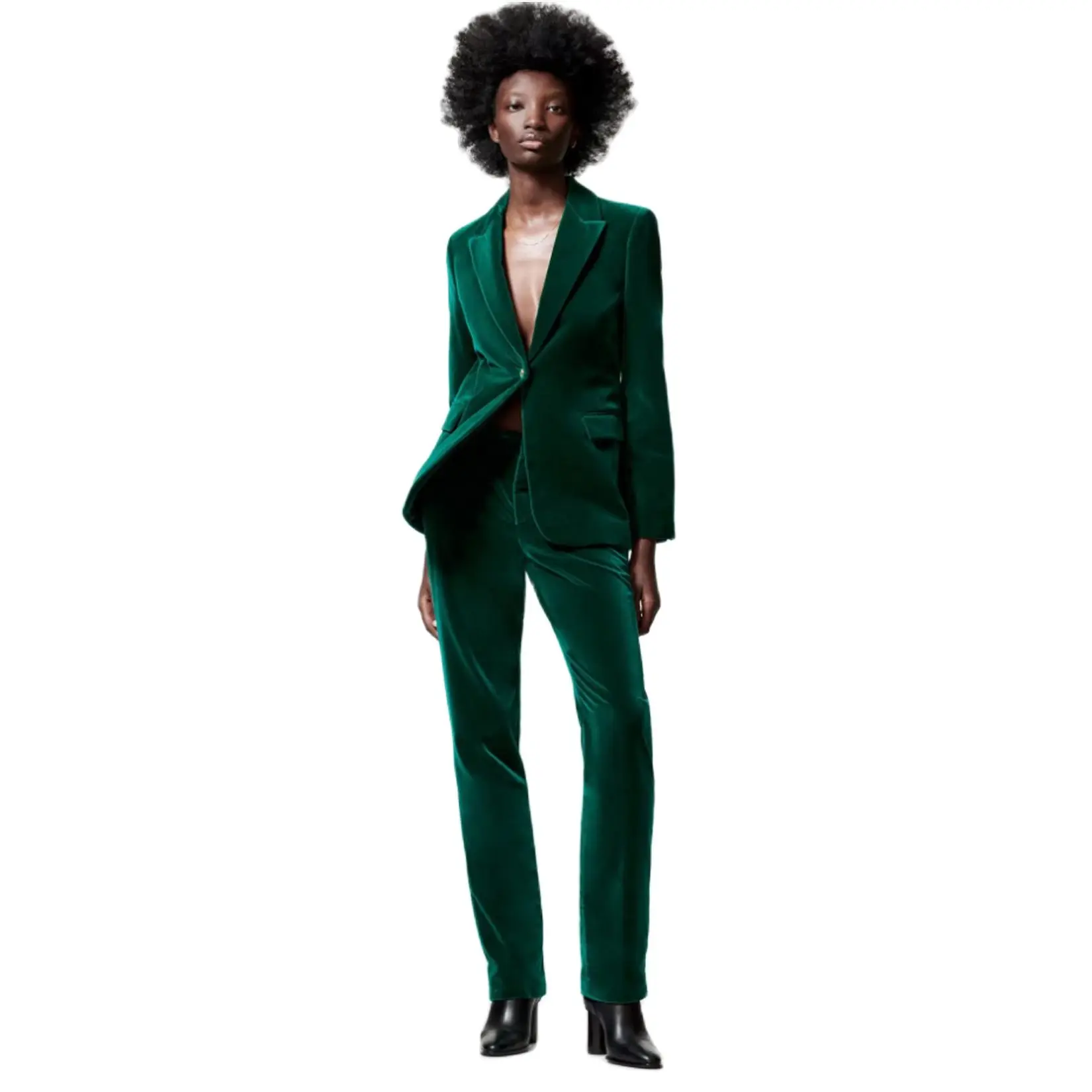 Women's 2-Piece Velvet Suit Business Work Wear Office Slim Fit Jacket Warm Blazer + Pants Set