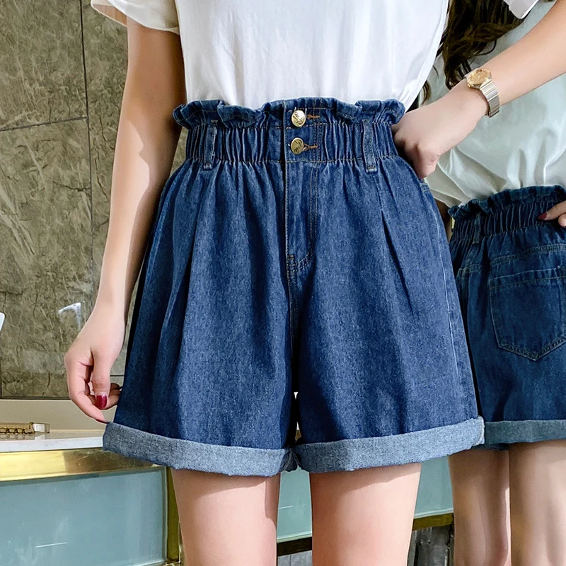 

5XL large size denim shorts female elastic waist high waist loose wide leg jeans female student large size women XXXXXL
