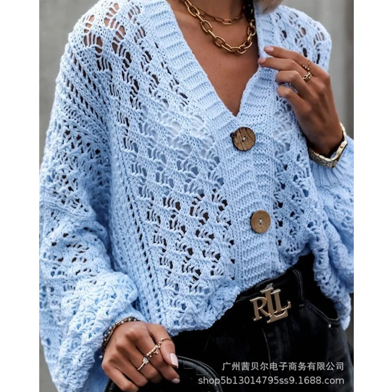 

Женский Осенний вязаный свитер Mandylandy с вырезами, кардиган, топ, женская элегантная однобортная трикотажная одежда с длинным рукавом и V-обра...