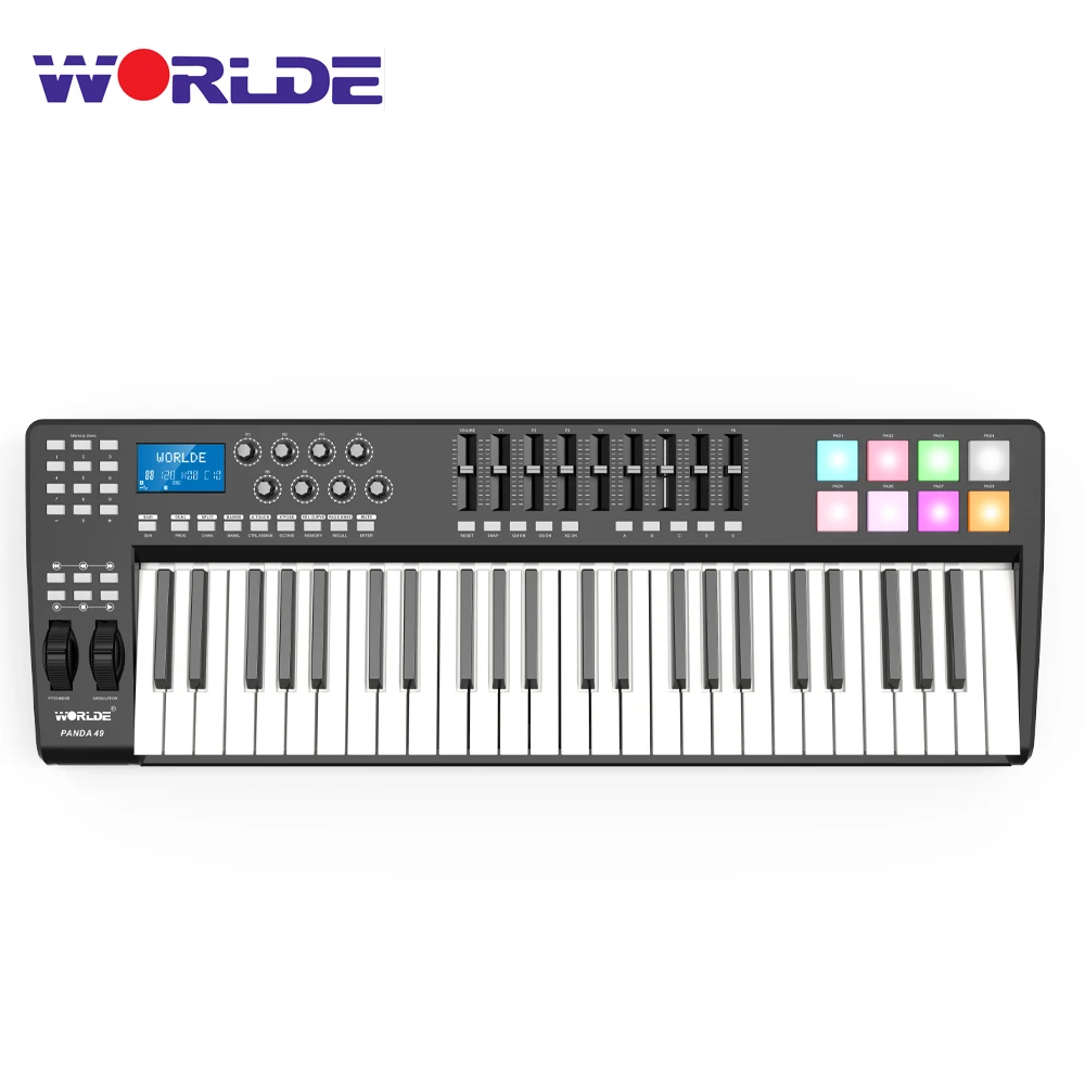

WORLDE PANDA49 Портативная USB MIDI-клавиатура с 49 клавишами, контроллер 8 RGB, яркая подсветка детской модели с USB-кабелем
