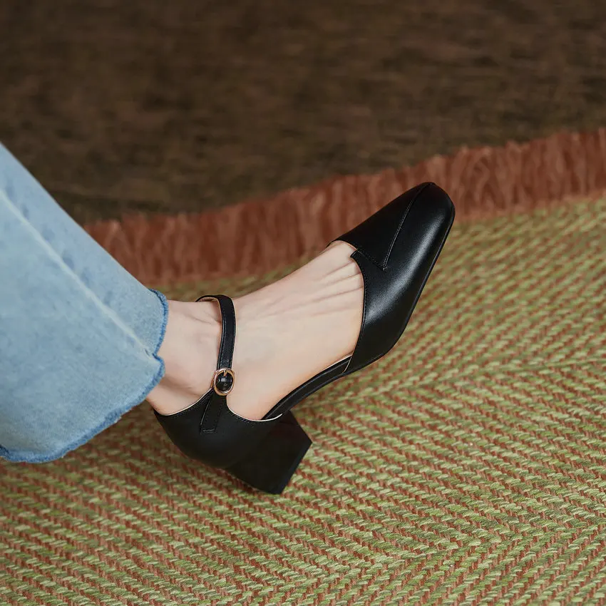 

QUTAA 2021 PU Leather Square Toe Hollow Women Pumps Spring Summer Ankle Strap Buckle Square Med Heel Female Shoes Big Size 34-43