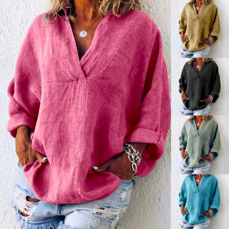 Женская хлопковая льняная Свободная рубашка богемный с длинными рукавами кафтан