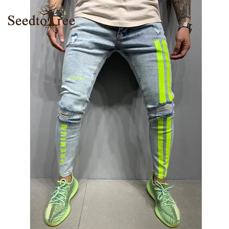 Stripe Printing Hole Casual Men's Jeans Pencil Pants Slim Denim Trousers
