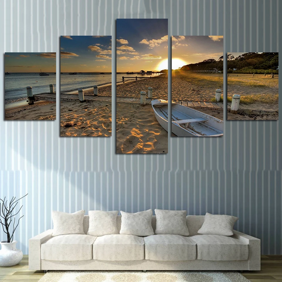 

Poster Wall Art Living Room Decor Canvas Printed 5 Panel Sunrise Beach Boat Landscape Modern HD Frame Home Painting Pictures
