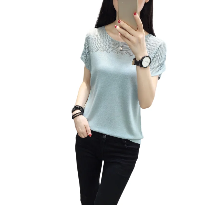 Женская трикотажная рубашка розовая синяя белая весна лето 2021 вязаный Топ из