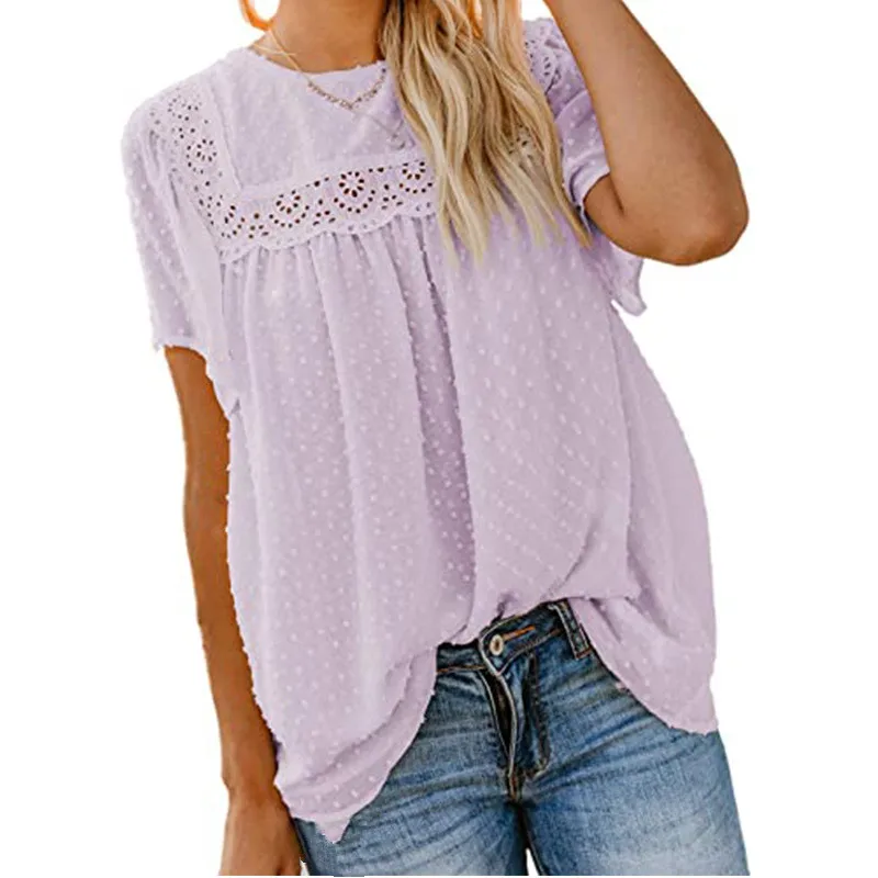 

Bikoles 2021 New Fashion Casual Solid O Neck Short Sleeve Ladies Tops T Shirt Lace Hollow Out Buttons Wave Point Folds Women