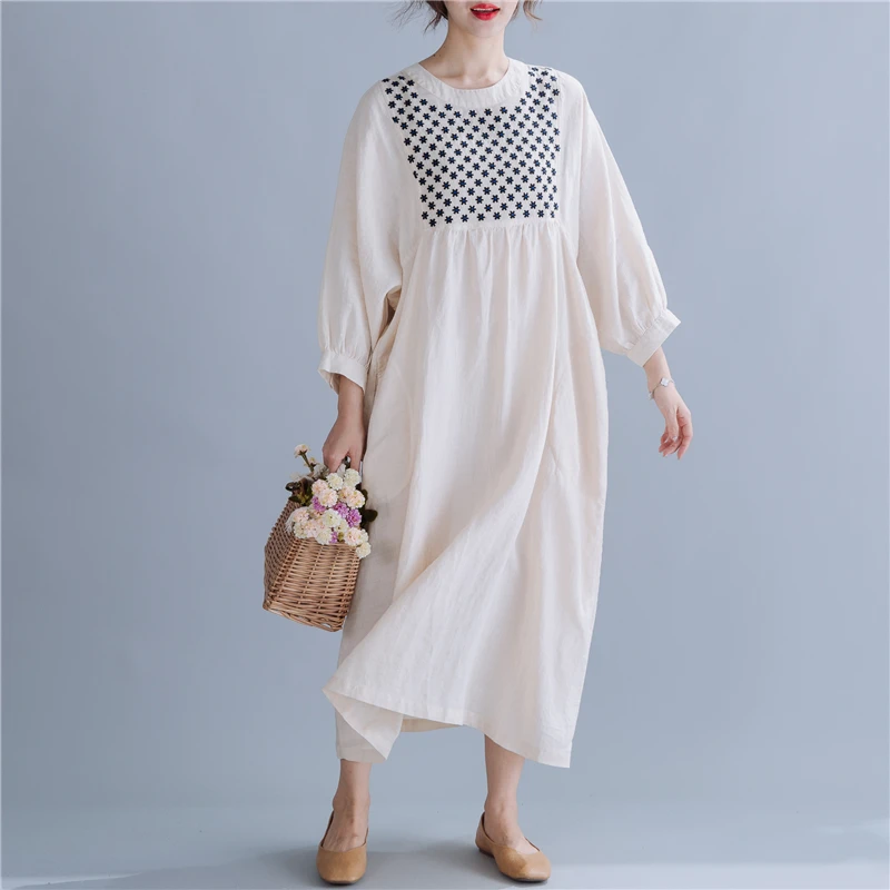

BIG SIZE Spring Women Fashion Elegant Solid Embroidery Tops Female Ladies Plus Large Long Cotton Linen Ruffle Loose Casual Dress