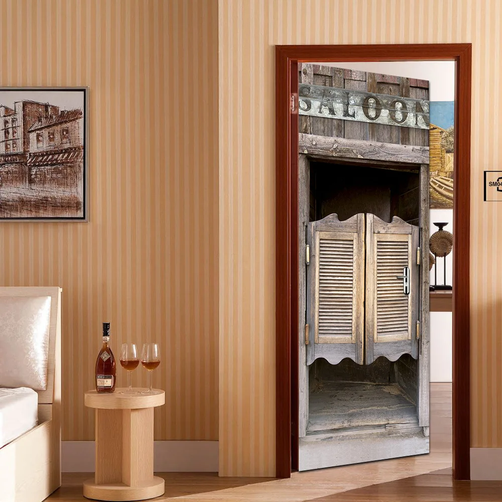 

Vintage Europe Style Door Stickers For Bedroom Living Room Home Decor 3D Older Effect Retro Mural Paper Self Adhesive Wallpaper