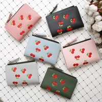 short fruit embroidery women wallets pu leather zipper coin purses female solid color hasp card holder clutch money clip