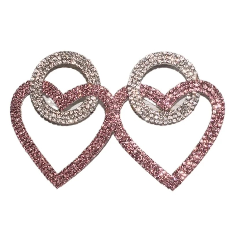 

Shiny Pink White Rhinestone Double Heart Pendant Dangling Earrings for Women Fashion Show Earrings Romantic Gifts for Girls