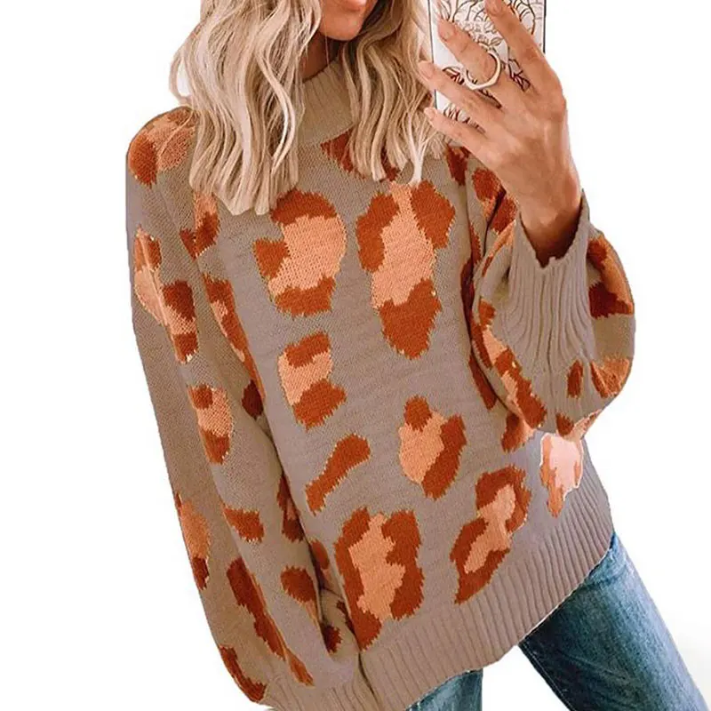 

2020 Autumn Winter Leopard Sweater Women Jumper Ladies Long Sleeve Loose Knit Jumper Pullover Women Leopard Print Sweater Female