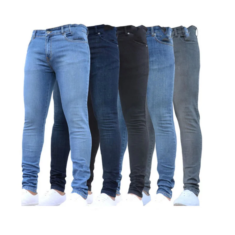 

Denim Pencil Pants Men's Slim Casual Stretch Jeans Autumn Fashion Button Mid Waist Solid Color Jeans