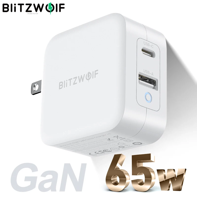 

BlitzWolf BW-S18 Gan 65W 2-Port USB-C PD Fast Charger PD3.0 Power Support QC3.0 SCP FCP Protocols Adapter For IPhone 12 Pro Max