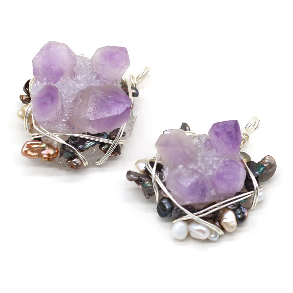 

2021 New Natural Semi-precious Stone Pearl Amethyst Winding Silver Wire Pendant Charm for Jewelry Making DIY Necklace Accessorie
